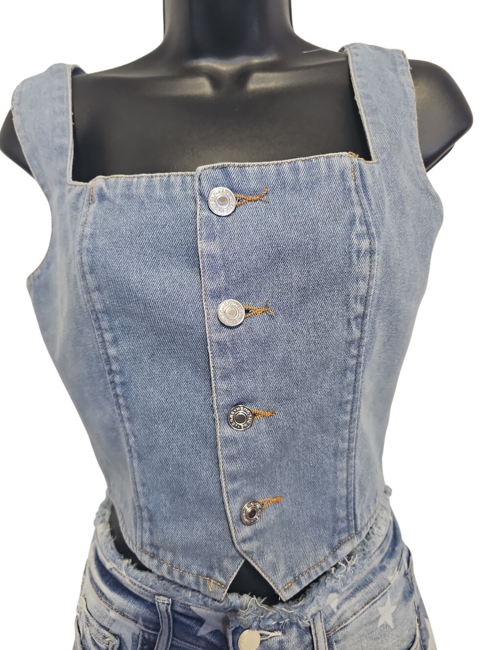 Unbranded Denim Crop Top Vest Medium Wash Smocked Back Silver Button Corset M